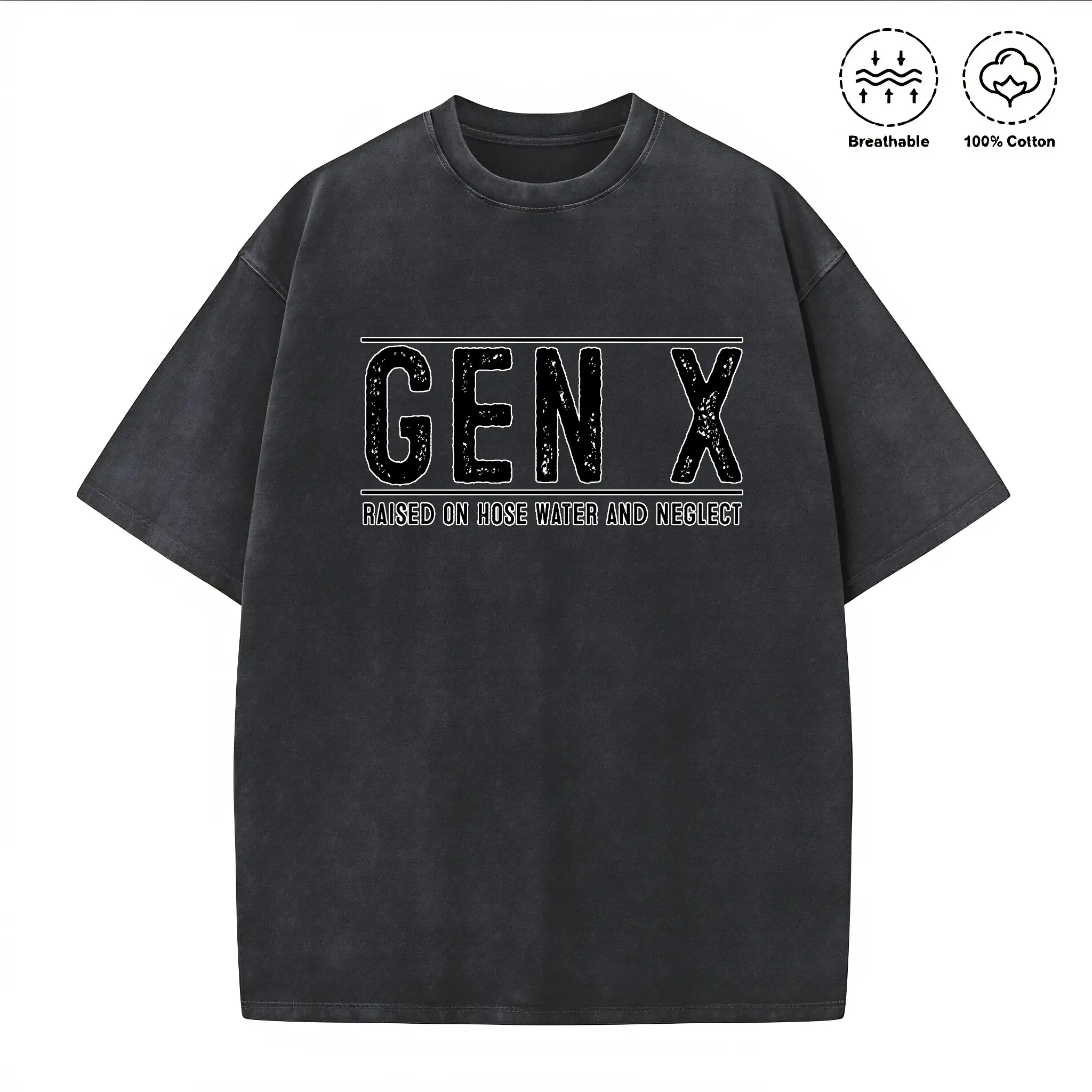 Menswear Customized Casual Cotton Fabric Washed Black T-Shirt - Gen X Hose Water & Neglect Graphic, Distressed Retro Tee for Nostalgic Style