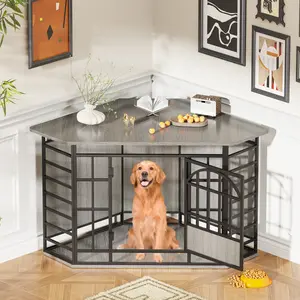 COZPAW 52 Inch Corner Dog Crate Furniture,Wooden Dog Kennel Indoor Furniture End Table,Modern Dog Cage Decorative Pet House TV Stand for Large Medium Dogs,Gray