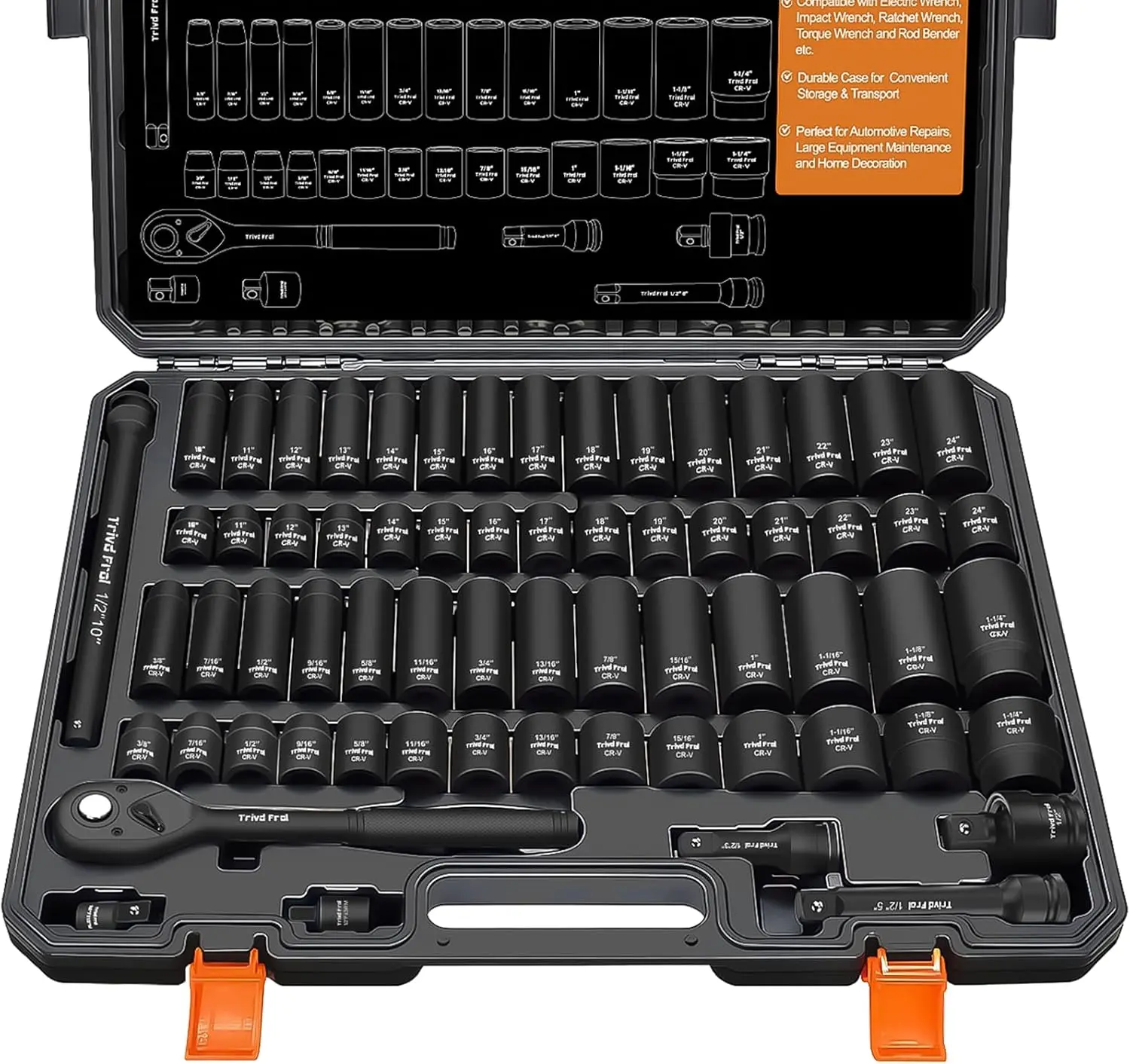 1/2" Impact Socket Set Metric and Standard-Full - Trivd Frol 65pcs Socket | SAE 3/8" to 1-1/4" and Metric 8-24mm, Shallow & Deep Socket Set, Cr-V Steel, 6-Point with Ratchet, Extension Bars, Adapter