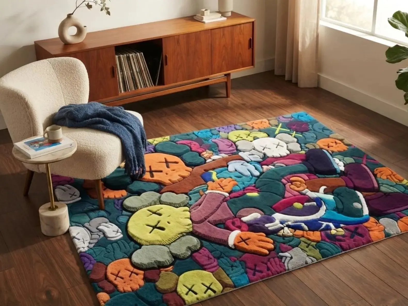Large KAWS-Inspired Hand-Tufted Wool Area Rug, Colorful Street Art Decor for Hypebeast Enthusiasts