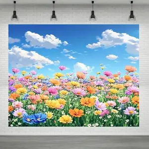 1pc a Vibrant Blue Sky with White Clouds And Colorful Flowers Backdrop Banner - Made from Durable Polyester Fabric, Requires No Electricity, And Is Easy to Hang for Indoor Or Outdoor Use for Eve