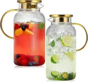 Vintage Glass Pitcher with Lid, 68 oz/ 2 Liter Vintage Water Pitcher,Glass Water Carafe for Cold Brew,party,family Coffee, Lemonade, Iced Tea,Beverage, Heat Resistant Jug Gallon Home Drinkware Classic