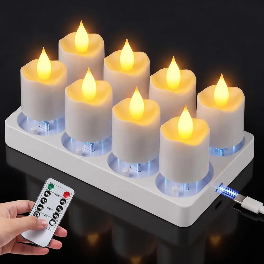 MATULSA Rechargeable LED Tea Lights Candles with Remote, Timer & Charging Base Flameless Candles, Realistic and Bright Flickering for Holloween Holiday Celebration, Party, Home Decoration