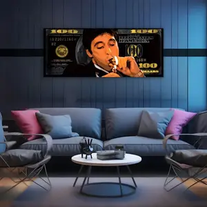 Luxury Scarface Tony Montana Smoking Cigar Wall Art | 100 Bill Artwork | Gangster Movie Decor , Premium Poster, Canvas Home Decor