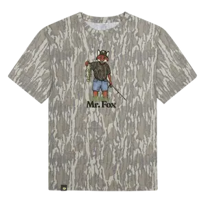 Mossy Oak Mr. Fox Fisherman Graphic Tee Woodland Camo T Shirt for Men Bass Fishing Outdoor Lifestyle Short Sleeve Nature Inspired Streetwear Top