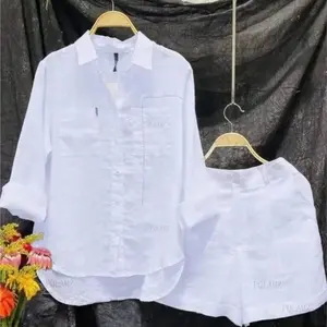 2025Summer Cotton Linen Casual Home 2 Piece Set For Women  Fashion White Long Sleeve Shirt And Shorts Two Piece Sets Tracksuit