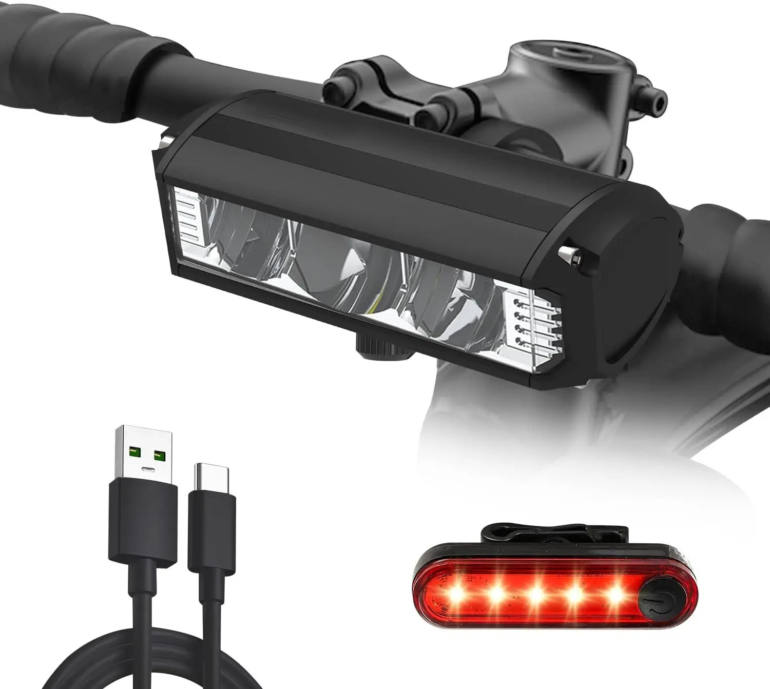 USB Rechargeable Bicycle Headlight-Taillight Set with USB Port, Super Bright LED Light, Multiple Modes, Large Battery, Waterproof, Daytime Running Light, Universal for Adults' Bikes, Outdoor Lighting Accessory, Lights & Reflectors