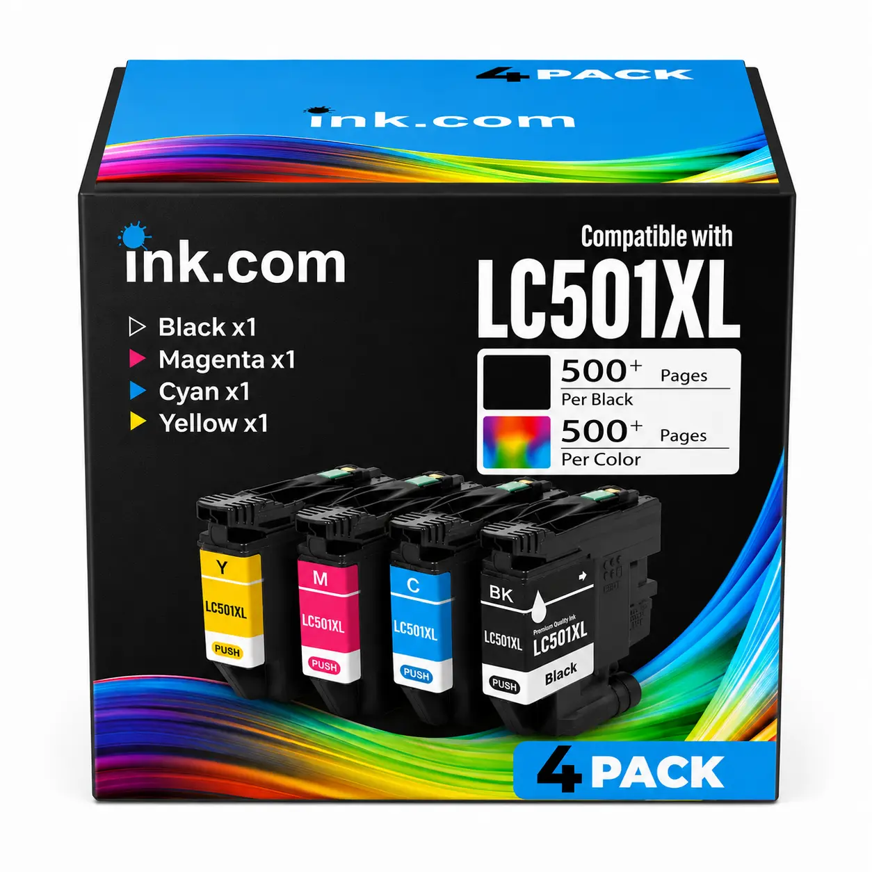 Ink.com LC501XL High-Yield XL Full-Colors Ink Cartridge 4-Pack - Reliable, Easy Installation, Compatible with Brother MFC Series Printers (J1260W, J1360DW, J1410DW) for Home Offices, Delivers Consistent Results