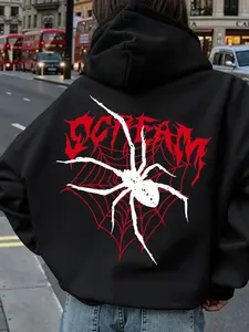 Women's Spider Graphic Hoodie, Drawstring Pocket Sweatshirt, Loose Fit Casual Streetwear, Fall & Winter Fashion, Halloween Theme
