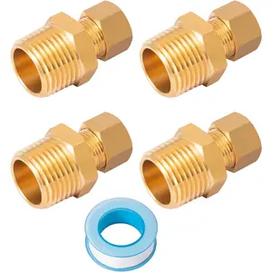 4PCS 1/2 Inch NPT Male x 3/8 Inch OD Brass Compression Tube Pipe Fitting Connector, 3/8" Tube OD x 1/2" NPT Male Straight Coupling Adapter with an Extra Sealing Tape