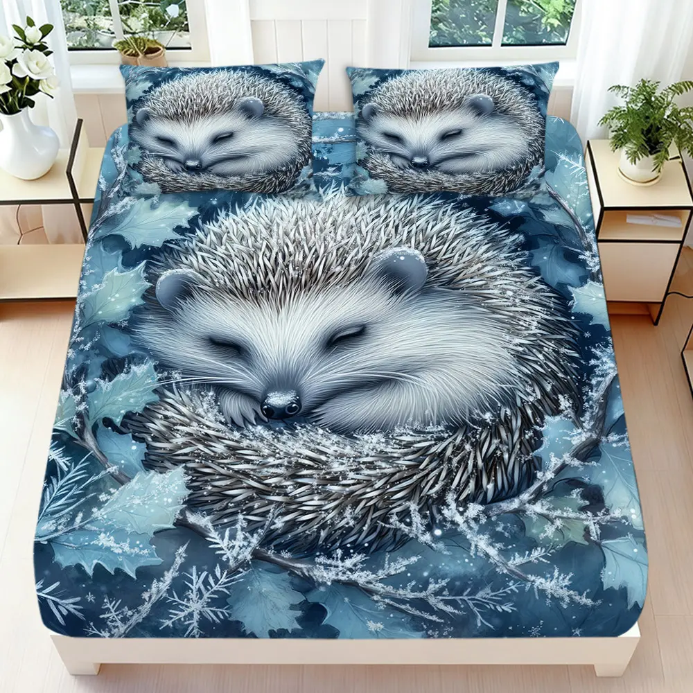 2/3 Pcs 2D Flat Winter Snowflake Hedgehog Fitted Sheet Set Hedgehog Bedding Set Quilt Cover 1 Fitted Sheet + 1/2 Pillowcases Snowflake Top Sheet Decorative Bedding Bedroom Decor