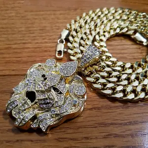 HIP HOP JEWELRY ICED LION HEAD CUBIC ZIRCONIA PENDANT 10mm 18" ~ 30" CUBAN CHAIN NECKLACE JEWELRY ACCESSORIES Male Daily