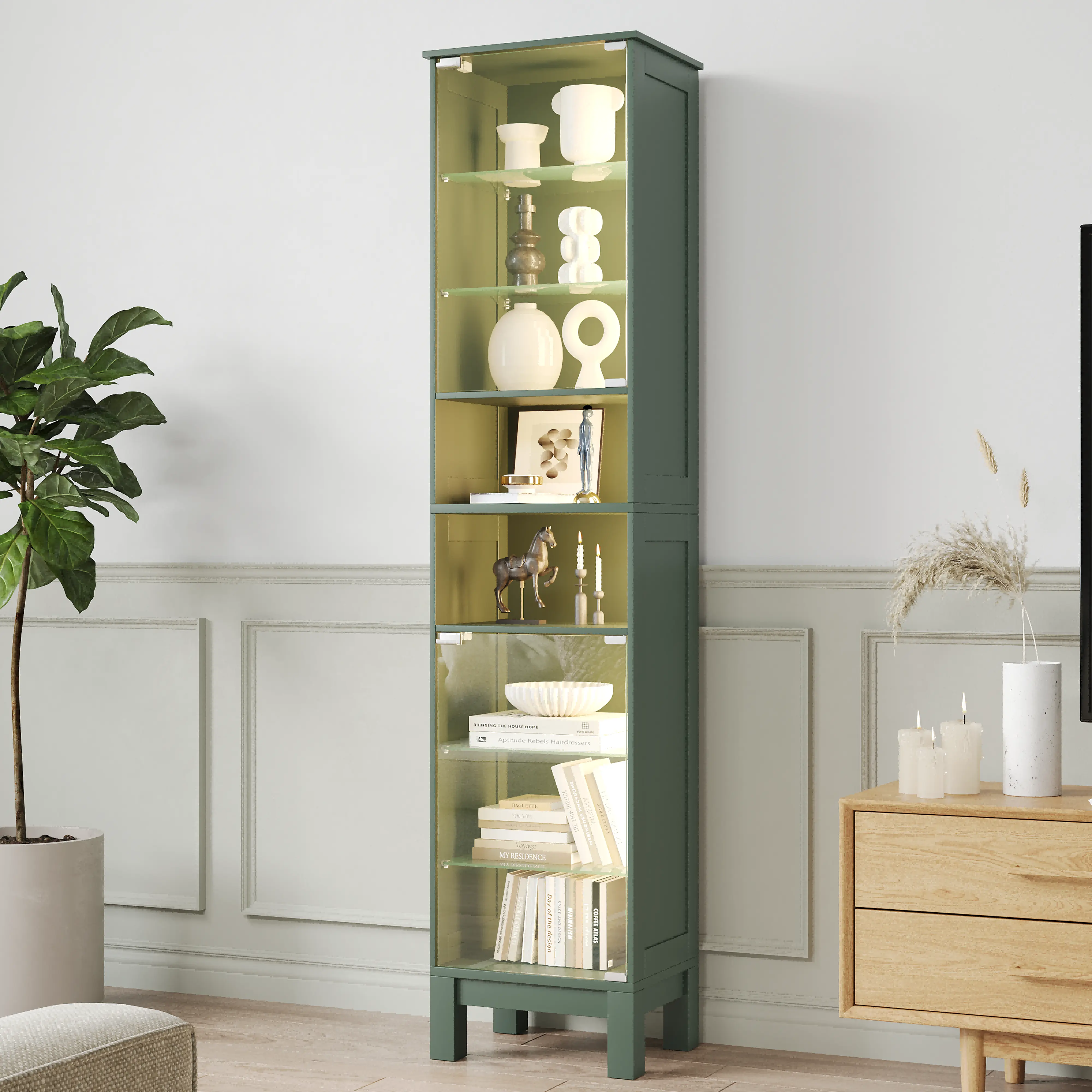 Casvik 71" Tall Narrow Display Cabinet, 8-tier Curio Cabinet with 3-Color Dimmable LED Lights & Adjustable Glass-Fronted Shelves, Trophy Case for Figures & Collectibles, Corner-Mounted Glass Cabinets, Glass-Fronted Glass Cabinets, 5 Color Variants