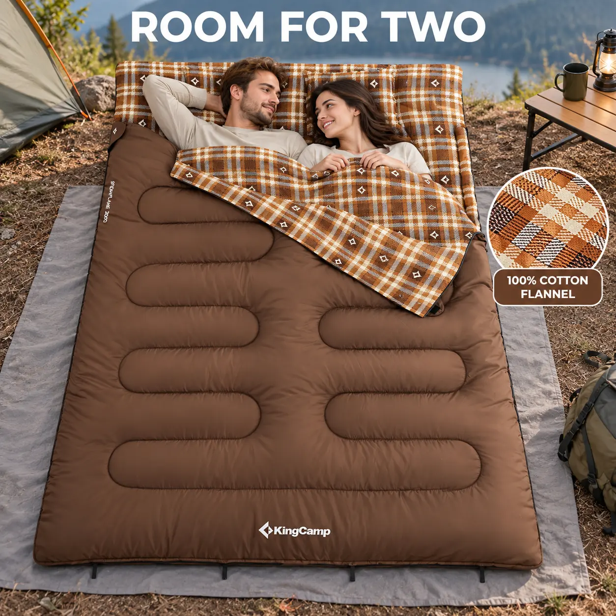 KingCamp 2-Person Rectangular Sleeping Bag, Queen Size Camping Supplies with 100% Cotton Flannel Lining, Detachable into Single Bags, Converts to Blankets, 87in x 59in Roomy Unisex Full-Length Outdoor Gear for Camping
