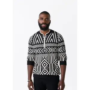 Kibo Men's African Print Quarter-Zip Sweater (Black Cream Tribal)
