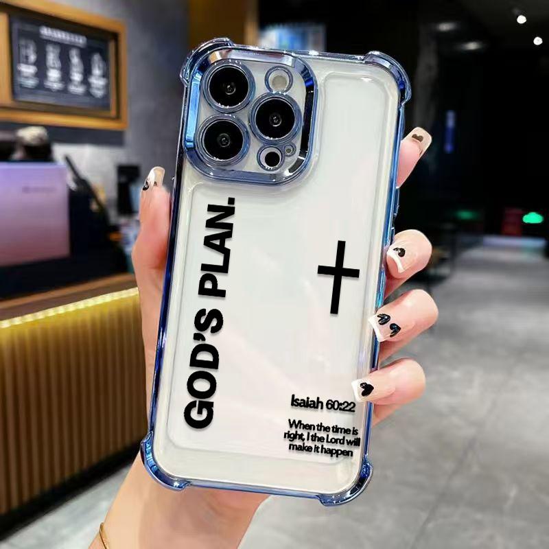 Unique GOD'S PLAN Patterns Electroplated Phone Case With Four-Corner Airbag Electroplated Featuring A High-Transparent Tpu Back With Reinforced Shock-Absorbent Airbags And Shiny Electroplated Frame For iphone 17 16 15 14 13 12 11 SAMSUNG S25 24 23 22