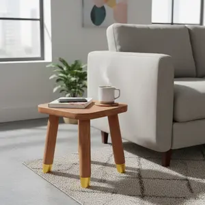 Walnut Color Solid Wood Small Stool, Brass Base, Temporary Side Table, Shoe Changing Stool, Shower Stool, Reading Stool, Flower Stand