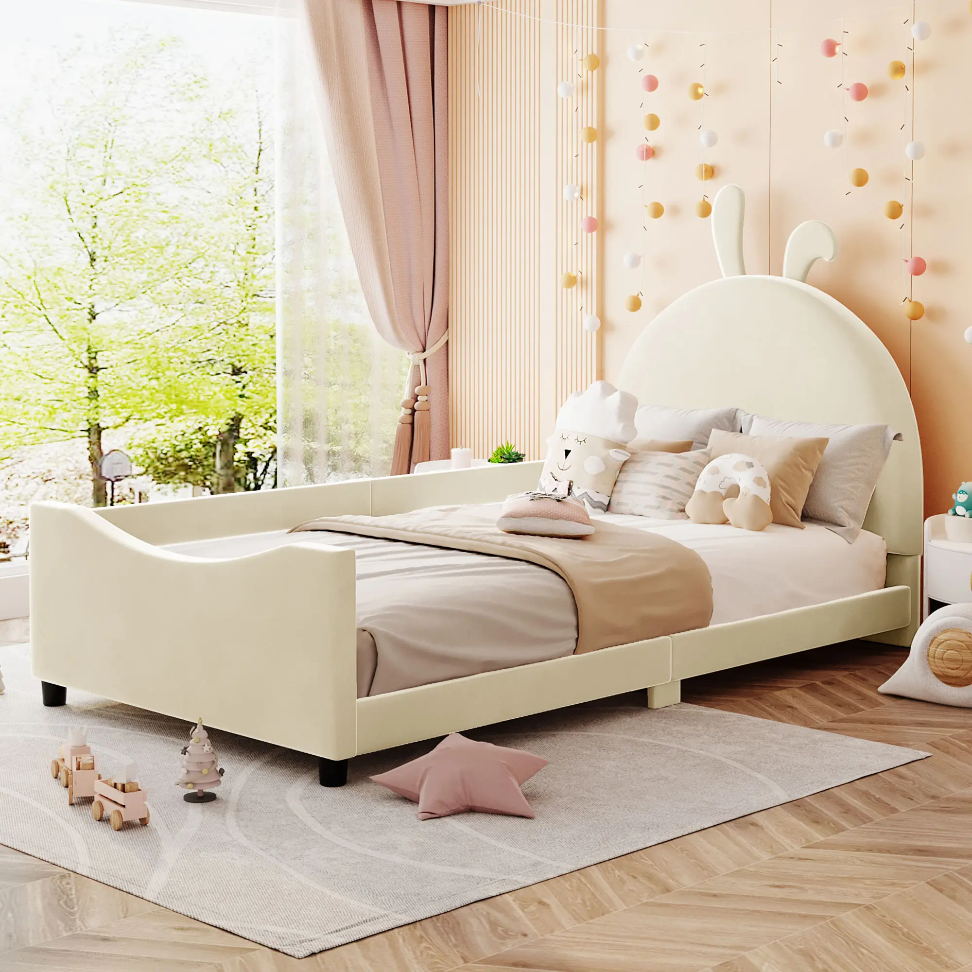 Upholstered Twin Platform Bed with Cute Headboard, Velvet Fabric Twin Size Bed Frame with Single-Sided Guardrail, Wood Twin Sofa Bed for Bedroom, No Box Spring Needed, Beige