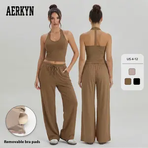KatchMe & AERKYN Women's Workout Solid Color Halter Built-in Bra Tank Top & Side Pocket Wide Leg Trousers Tracksuit, Sporty Soft Co-ord Set for Lady, Two Piece Outfits Activewear