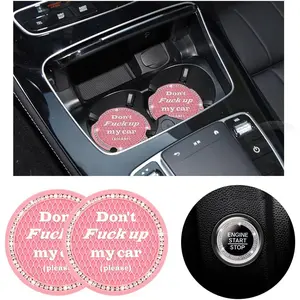 2 Pack Bling  Cup Holder Coasters with Start Stop Button Cover, 2.75 inch  Rhinestone Soft Rubber Auto Cup Insert Pad, Non-Slip Universal  Interior Accessories ()