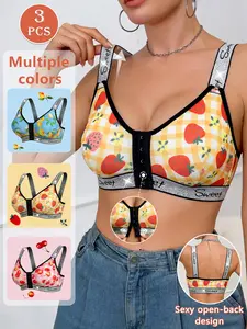 3-Pack Fruit Print Front Buckle Bras, Cherry Strawberry Lemon Styles, Comfortable No Underwire Teenage Bralettes, Medium Support Fitted Design, Supportive Bra