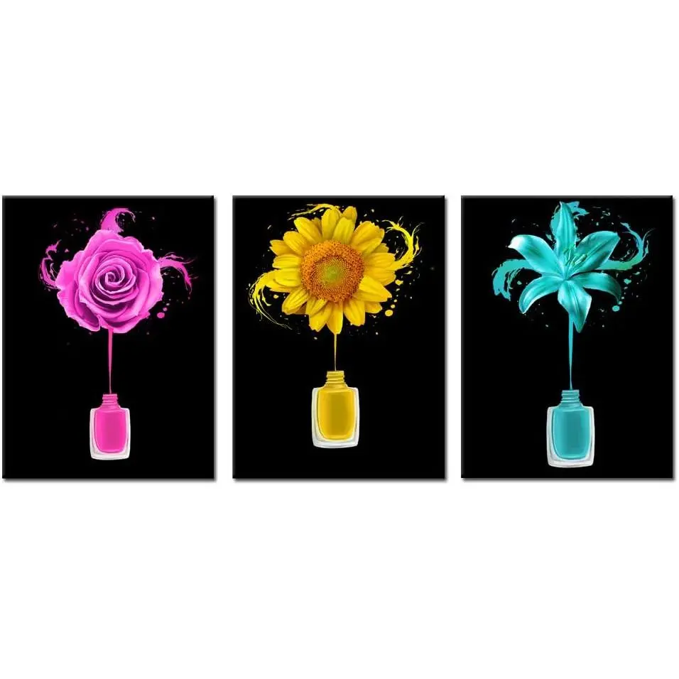 3 Pcs Manicure And Nail Art Wall Decor For Salon Room Canvas Prints Frame Art Nail Polish Brushes Posters Roses Sunflowers And Lily Pictures Flowers Painting Walls Decoration Ready To Hang