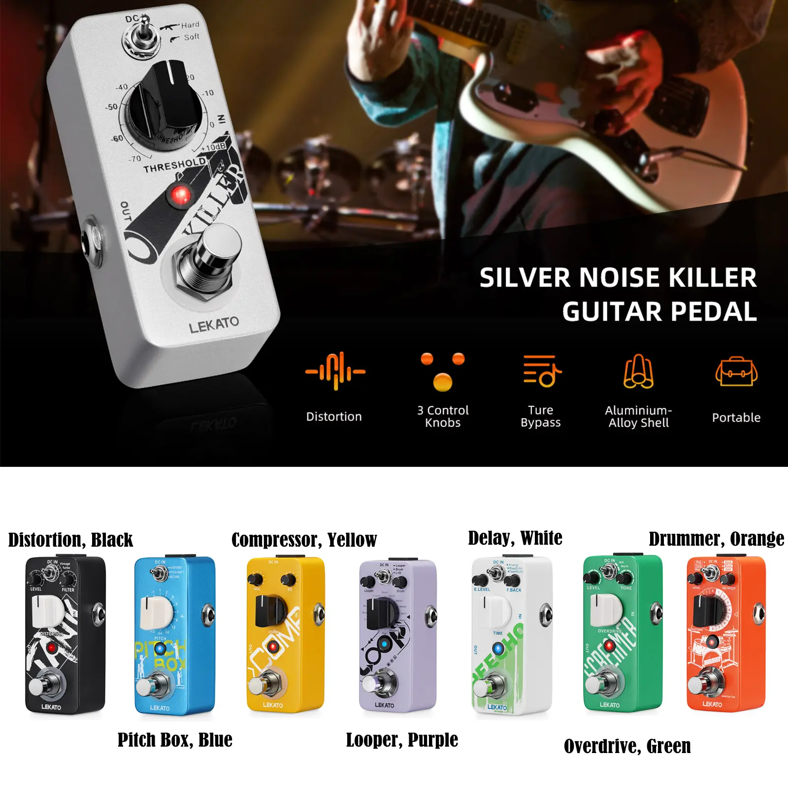 LEKATO Electric Guitar Bass Effect Pedal,Distortion/Pitch Box/Overdrive/Looper/Drummer/Noise Killer/Delay/Compressor Mini Pedal with True Bypass