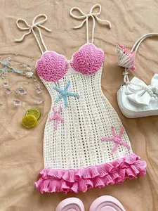 Women's Peach Starfish Decor Double Ruffle Hem Halter Knit Dress, Suitable For Holiday, Date, Afternoon Tea, Beach, Cruise, City Vacation, Wedding Season, Music Festival, Boho Vacation Crochet Dress Beach Dress
