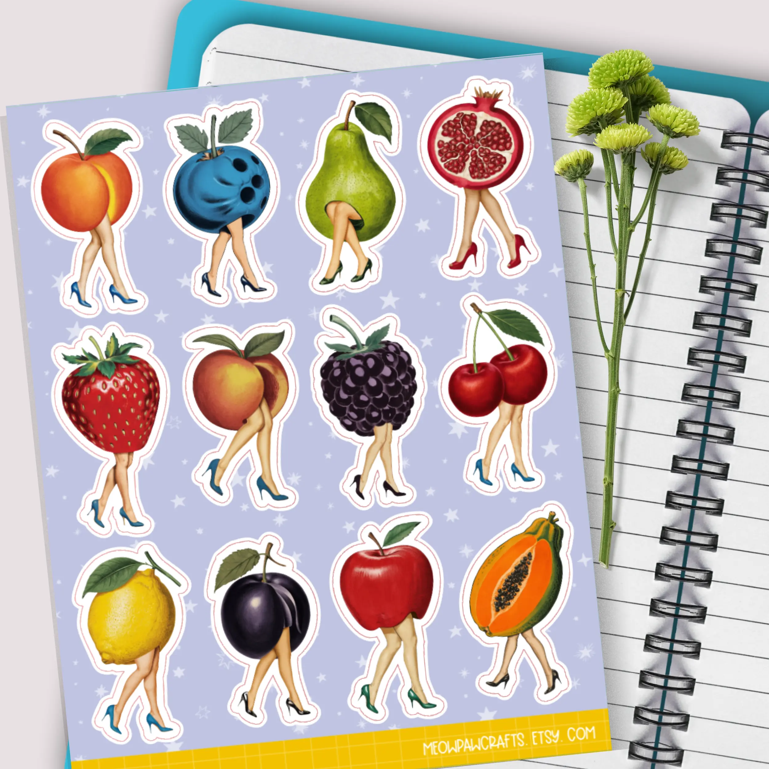 Vintage Fruit Lady Sticker Sheet, Retro Ladies Vinyl Stickers, Berries Peach Cherry Stickers for Planner, Junk Journal, Scrapbooking