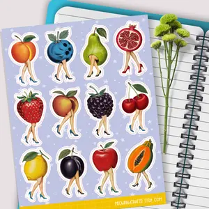 Vintage Fruit Lady Sticker Sheet, Retro Ladies Vinyl Stickers, Berries Peach Cherry Stickers for Planner, Junk Journal, Scrapbooking