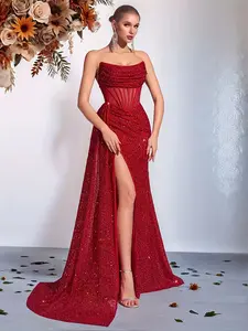 Pure Color Elegant Back Tie High Slit Sequin Evening Dress, Party Banquet Gown, Slim-Fitting Plain Style, All Seasons Wear
