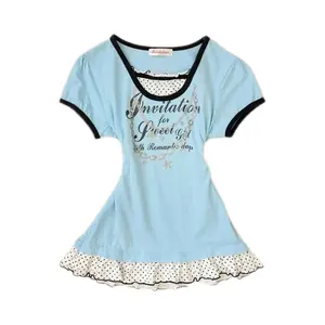 Millennium Spice Girls Recreation Ancient Flavor Summer Polka Dot Splicing T-Shirt Slim and Skinny Short Sleeve T-Shirt Top y2k Fake Two Pieces Womenswear Streetwear Tshirt Casual