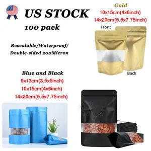 SJPACK 100 Pack Smell Proof Resealable Gold Blue Black Mylar Bags with Matte Window Foil Pouch Stand Up Sealable for Packaging 3.5x5 4x6 5.5x7.75 inch