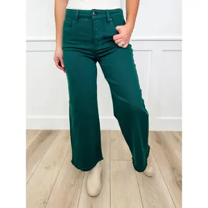 Risen Shana Tummy Control High-Rise Fray Hem Wide Leg Green Cropped Jeans