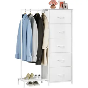 Dresser with  Rack, 5 Drawers Small Closet for Bedroom, Reversible Dresser with Clothes Rack,  Dressers for Bedroom Chest of Drawers, Tall Storage Tower, White Leather
