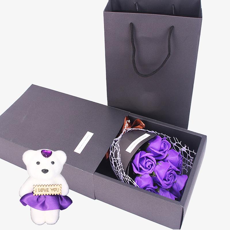 Realistic Flower Gift Box Set, Lifelike Artificial Flower, 7-Rose Bouquet with Bear Design, Creative Gift Idea for Valentine's Day, Mother's Day & Christmas