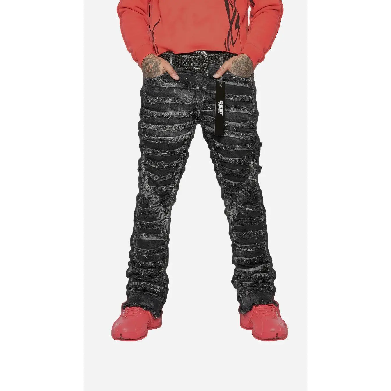 Extreme Ripped Stack Jeans - Best Fitted Black Fringe Layered Denim