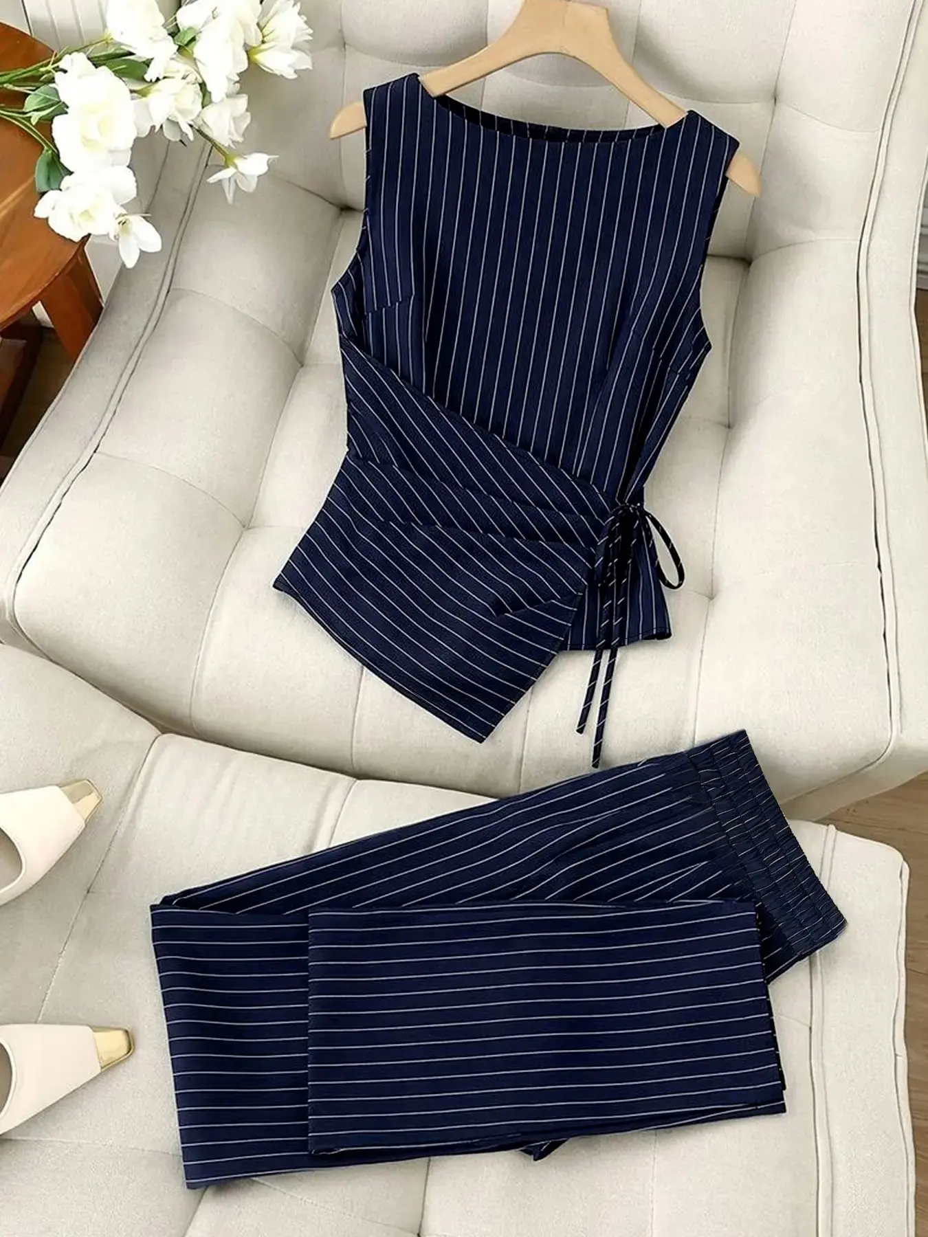 Striped Sleeveless Commuter Two-Piece Set Matching, Vertical Stripes Slimming Office, Elegant Casual Stripe Suit, All-Season Business Wear Polyester