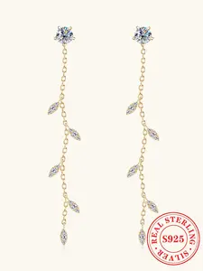 1.38ct Leaf Shaped Moissanite Tassel Drop Earrings, S925 Silver Long Dangling Bridal Earrings, Sparkling Wedding Jewelry
