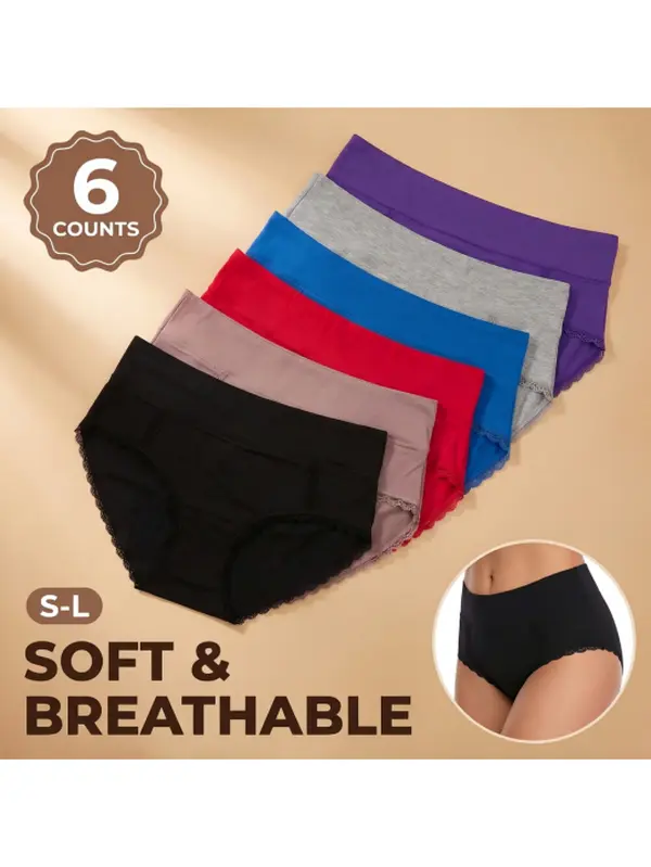 6-Pack Women's High Waist soft full coverage Lace Cotton Panties, Stretch Breathable Solid Color Triangle Daily Underwear Fit Curvy