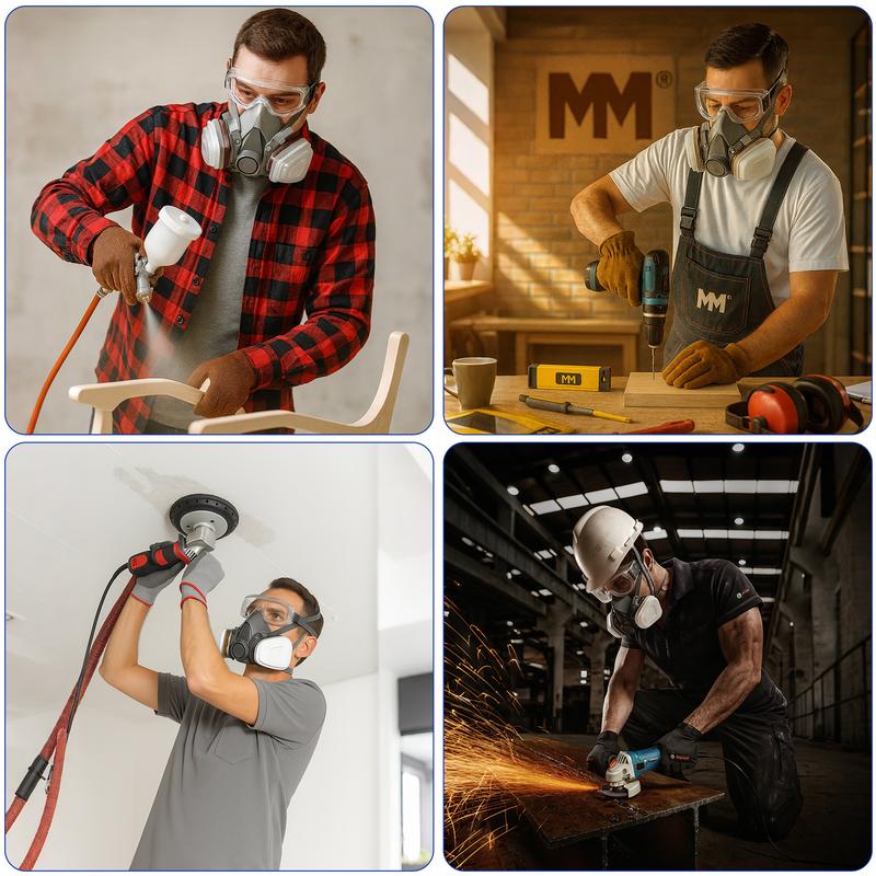 Dust-Proof Integrated Respirator & Half Face Mask Reusable with Safety Goggles , 15-in-1/11-in-1 Dual Filter Cartridge (Anti-Dust/Chemical/Pesticide) | For Spray Painting, Cutting,Carpentry, Anti-Chemical,Grinding,DIY Security Protection