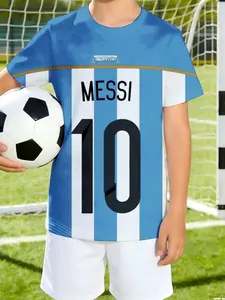Boys' crew neck short sleeve T-shirt Sporty Jersey sports and leisure Argentina Blue And White Stripes Messi 10 3D printing spring and summer versatile style trendy adventure outdoor football jersey Soccer Jerseys