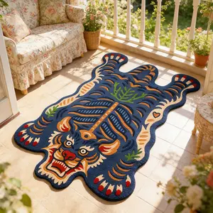 Creative Vintage Blue Tiger Print Carpet, Foldable Plush Minimalist Rug, Household Decorative Rug for Living Room Bedroom Balcony, Easy Care Large Area Mat, Unique Rugs