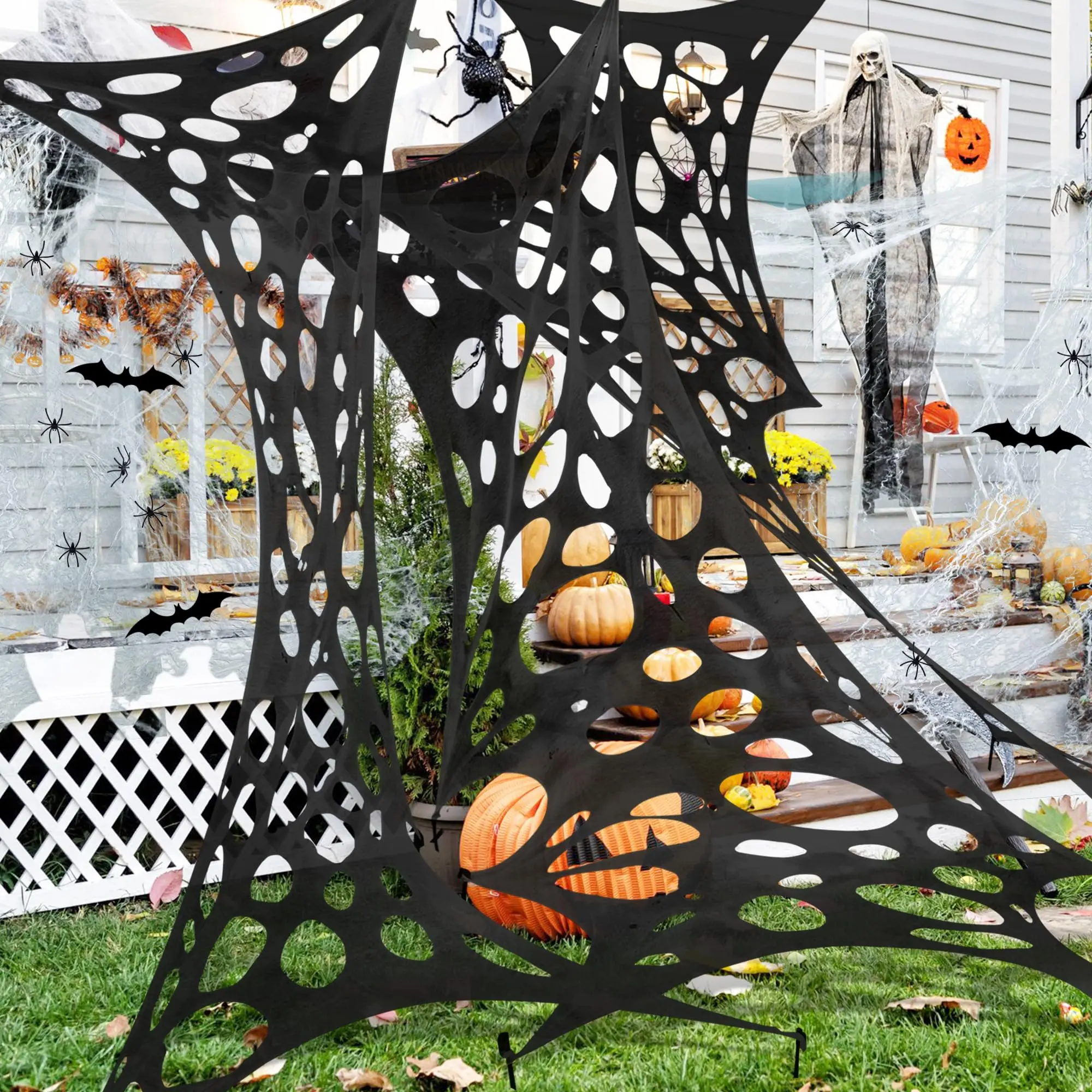 680 Sqft Cuttable Stretchy Web Decoration  Black Giant Outdoor Beef Netting Webs Diy Spooky Gauze Cobweb Spiders Bats For Yard Garden Party Decor (236" X 39")