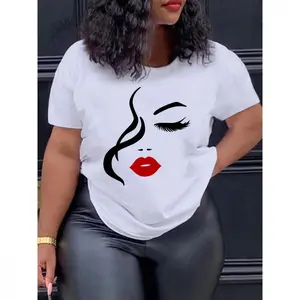 Cotton Short Sleeve  T-Shirt's Chic Half-Face Printed T-Shirt - Casual Round Neck, Short Sleeve in 100%, Perfect for Spring/Summer/Fall, Machine Washable