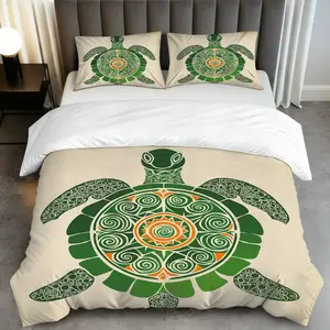 3PCS Duvet Cover Set, 1 Duvet+2 Pillowcases(Without filler), Turtle Tribal Art Pattern theme, Summer bedding set, ocean animal bohemian decorative Suitable for decoration bedroom, guest room, dorm, lounge.