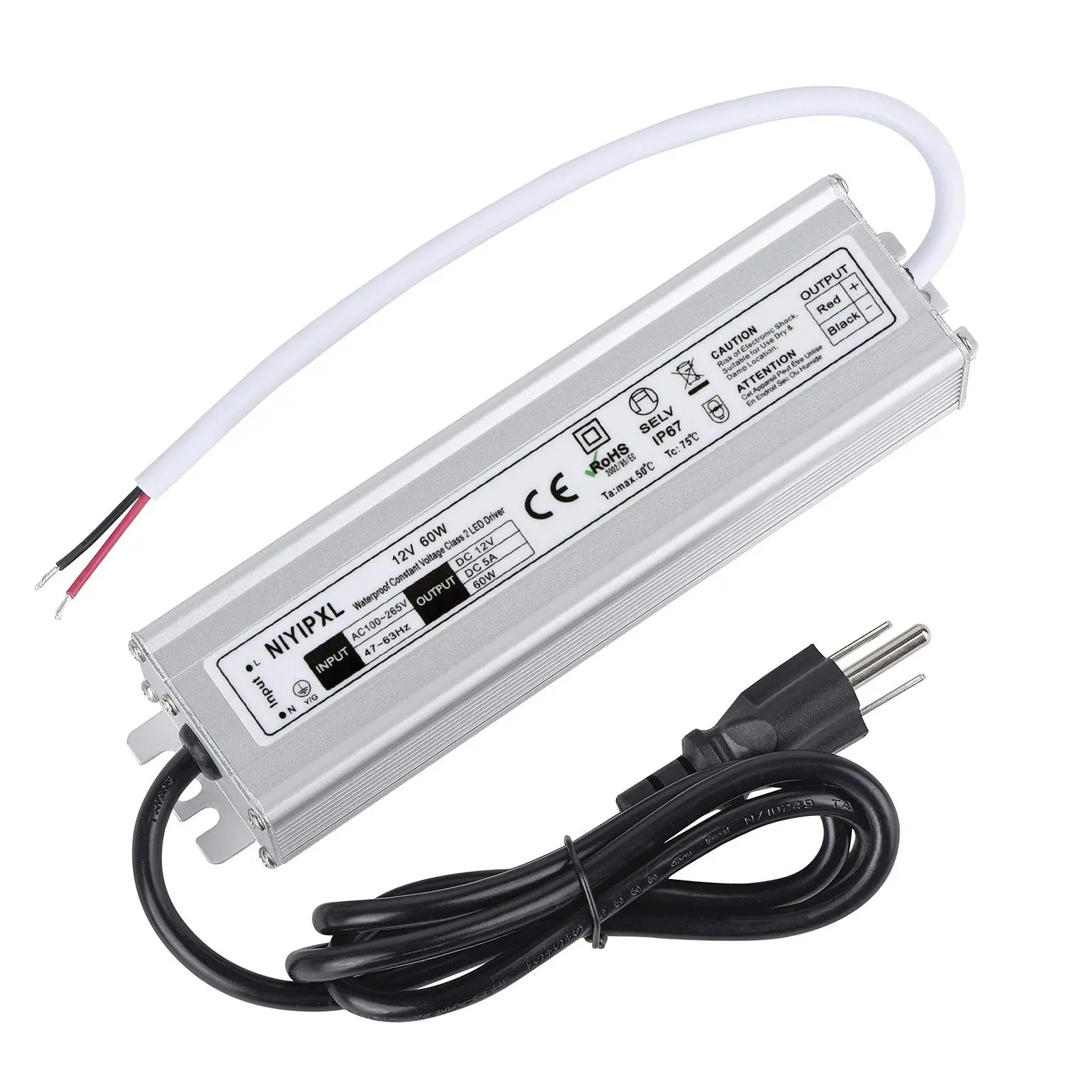 LED Driver 60 Watts Waterproof IP67 Power Supply Transformer Adapter 100V-265V AC to 12V DC Low Volta Output with 3-Prong Plug 3.3 Feet Cable for LED Light, Computer Project, Outdoor Light