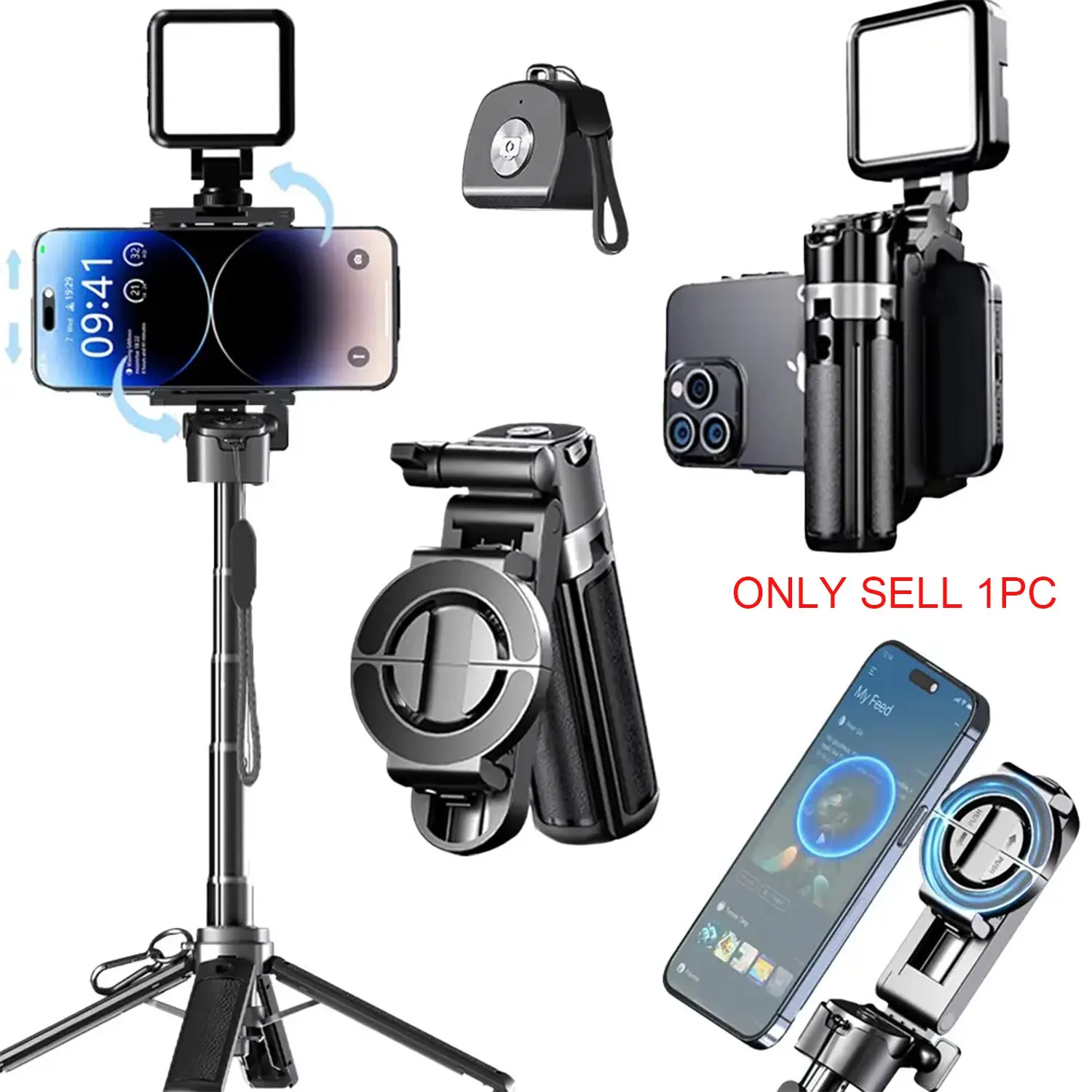 Four-In-One Magnetic Travel Selfie Stick Tripod with Bluetooth-compatible Remote, 360° Rotation, Portable Anti-Shake Phone Holder for Vlogging