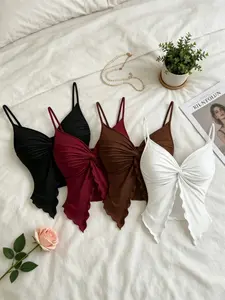 Summer Plain V-Neck Adjustable Straps Slim Fit Ruched Knot Wooden Trim Split Hem Halter Top Set, Sexy Style Four-Piece Set Womenswear