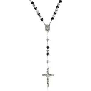 Stainless Steel Beaded Rosary Cross Necklace -6MM Crucifix Cross Medallion Rosary Chain Y-Necklace for Women & Men Religious  Comes in , , Rose, Black Color with a  Box